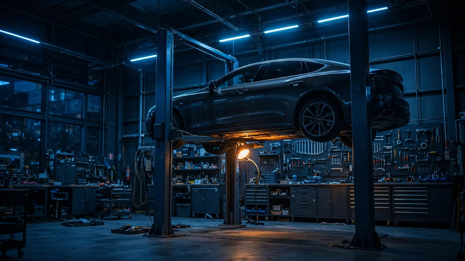 Car on a lift in a workshop bay at night