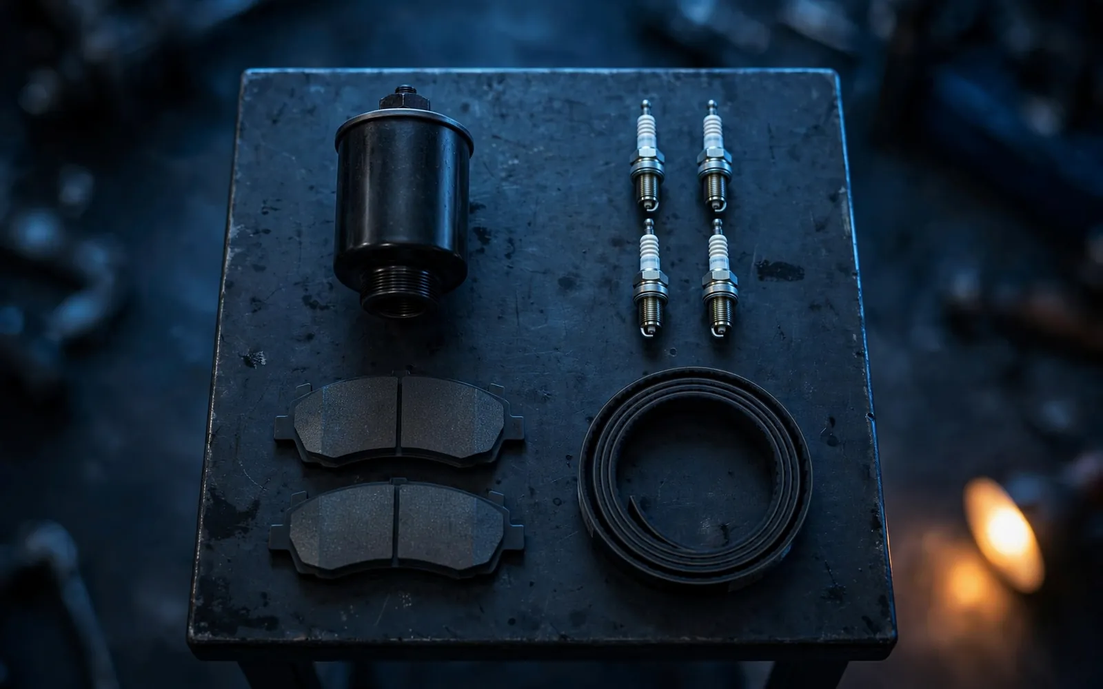 Service parts laid out on a workbench