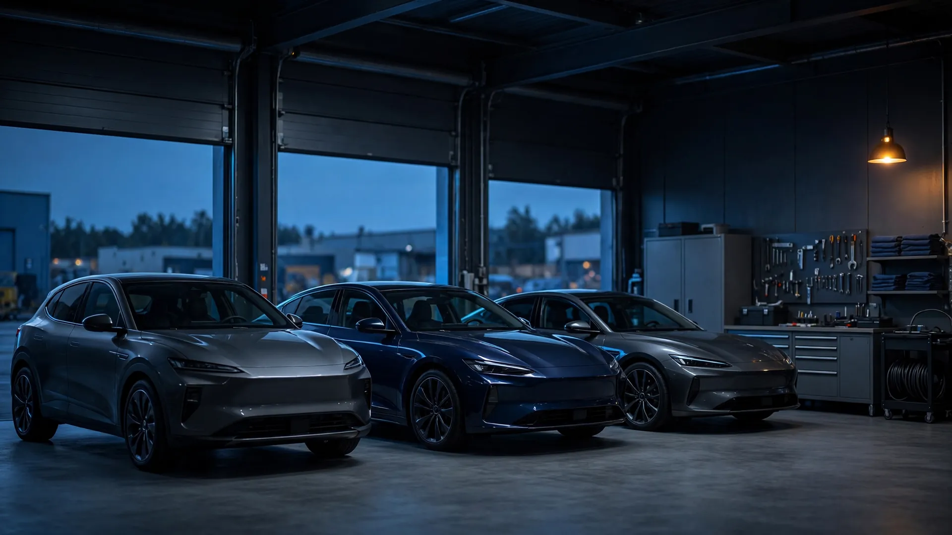 Cars parked in a clean workshop