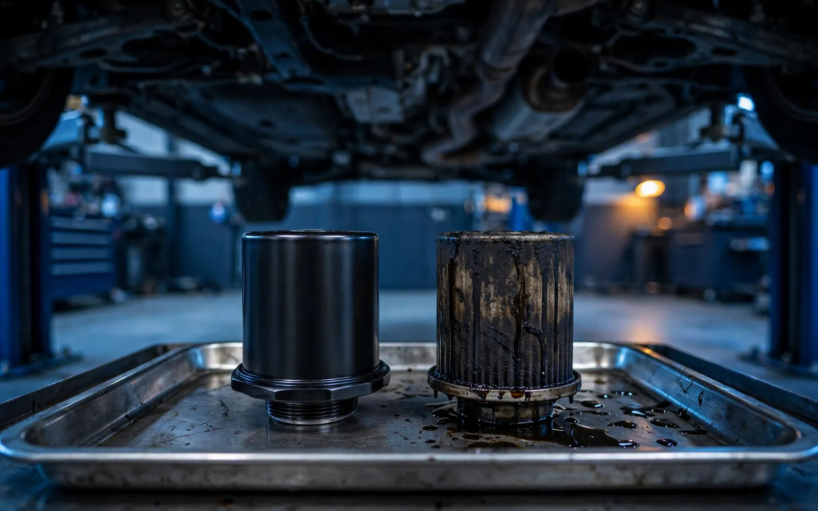 New and used oil filters on a tray