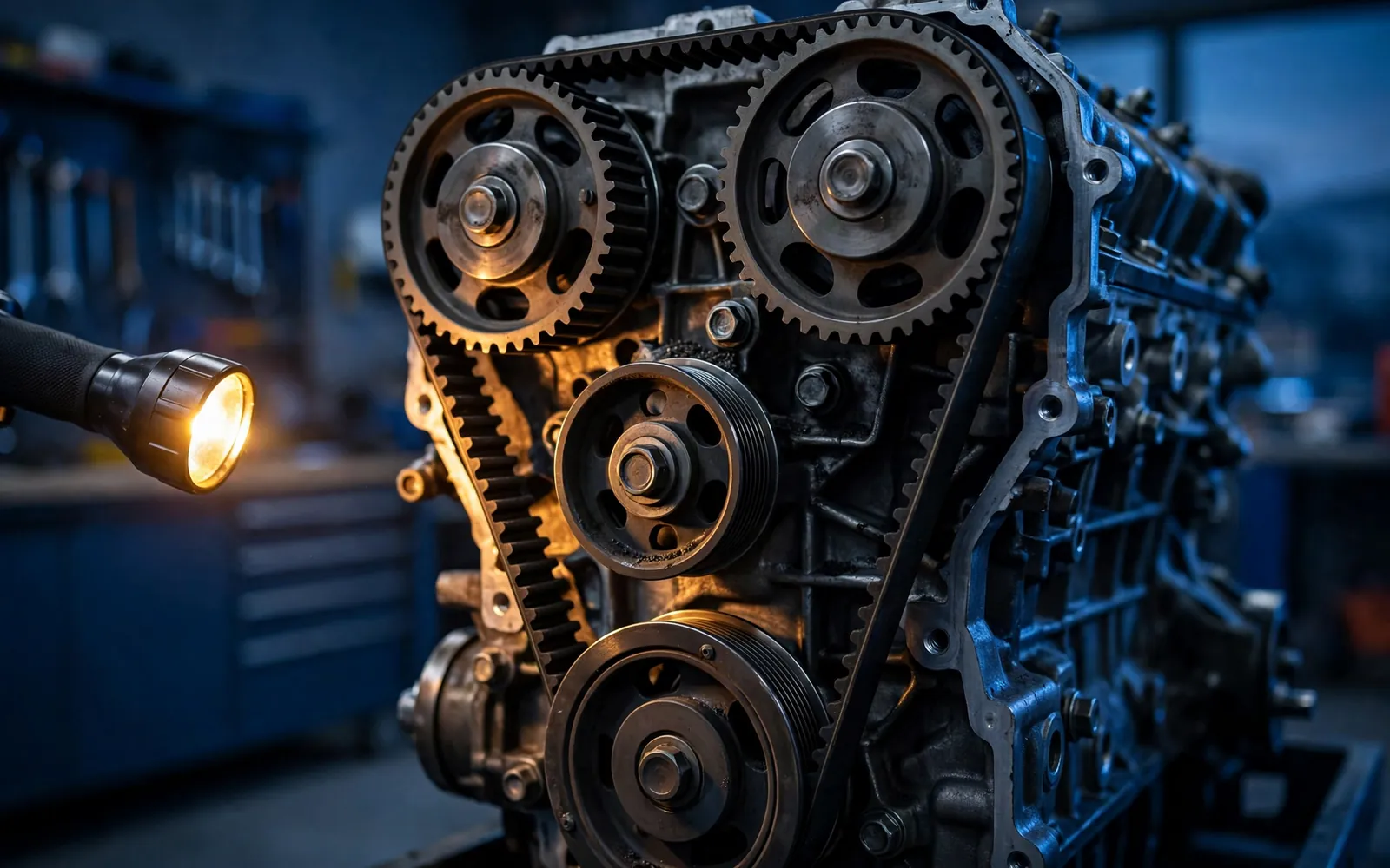 Timing belt exposed on an engine