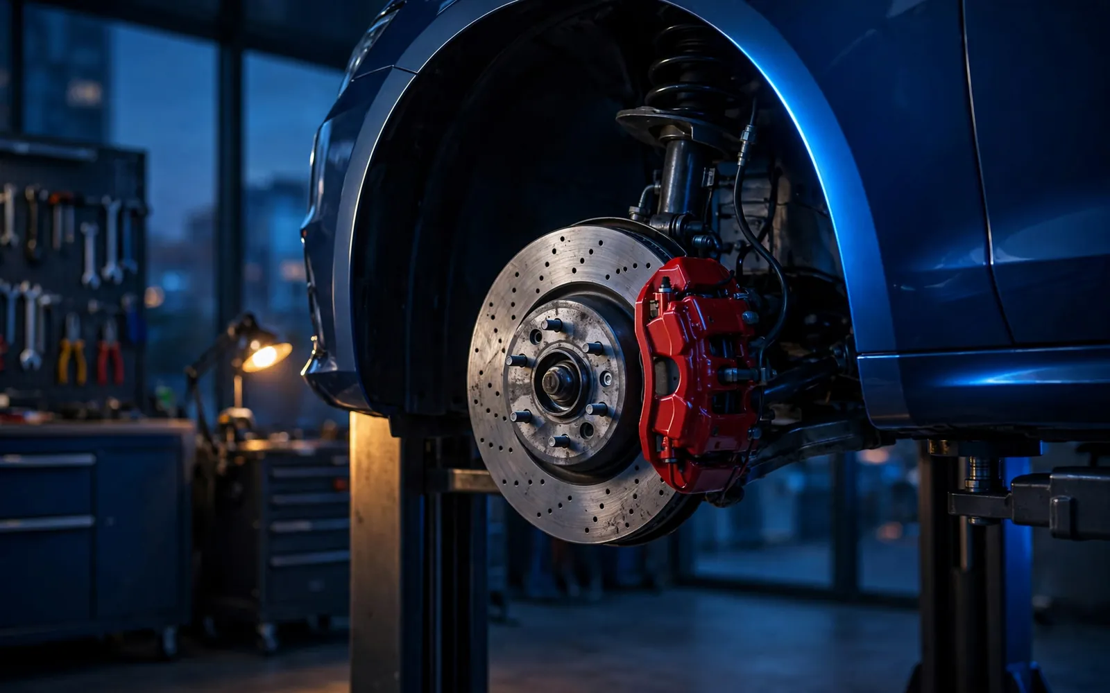Brake disc and caliper on a lifted car